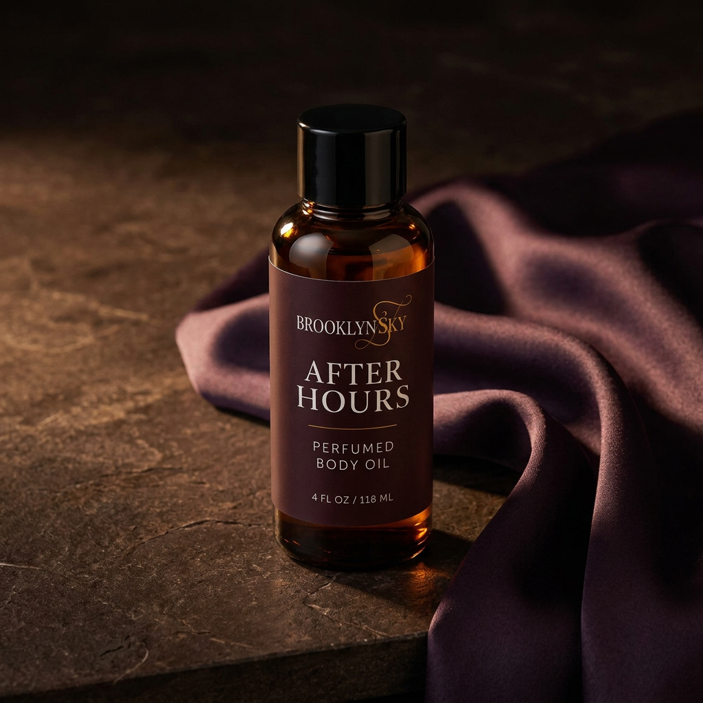 After Hours Body Oil amber bottle on dark stone with aubergine satin in warm light.