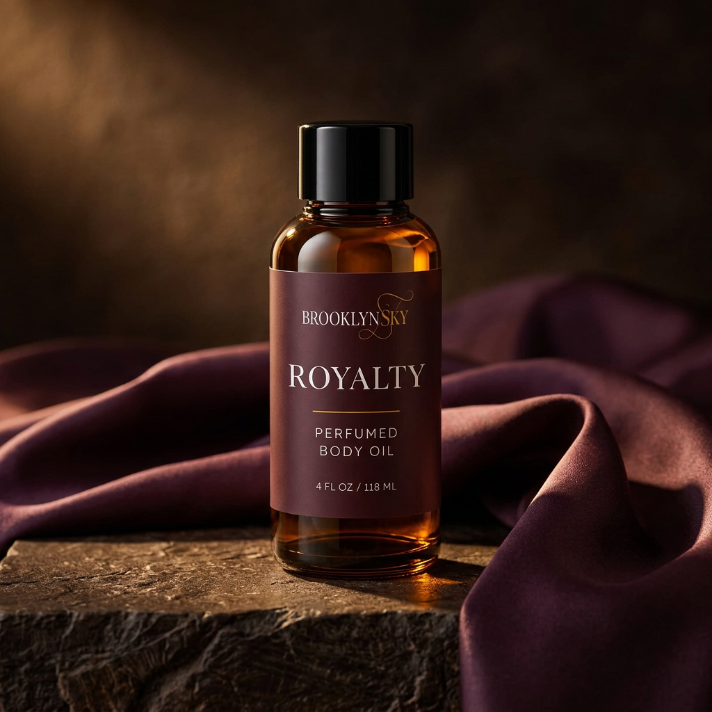 Royalty Body Oil amber bottle on dark stone with plum satin in warm light.