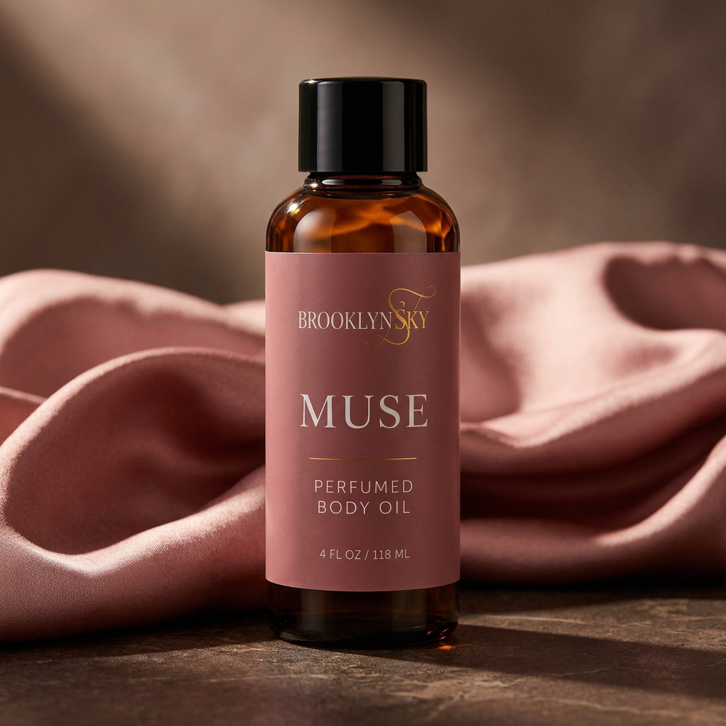Muse Body Oil amber bottle on dark stone against rose satin in warm light.